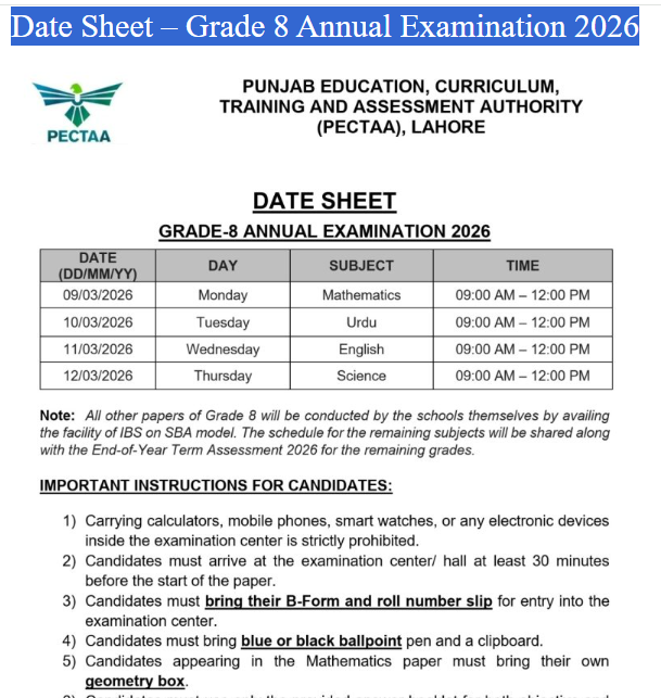 Date Sheet – Grade 8 Annual Examination 2026 Multan Punjab